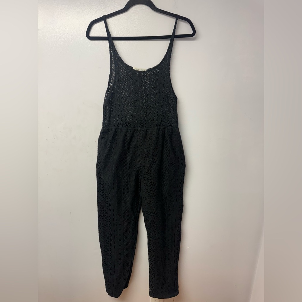 Lauren & Claire Black Lace Jumpsuit Medium Boho Crochet Overlay Wide Leg beach G